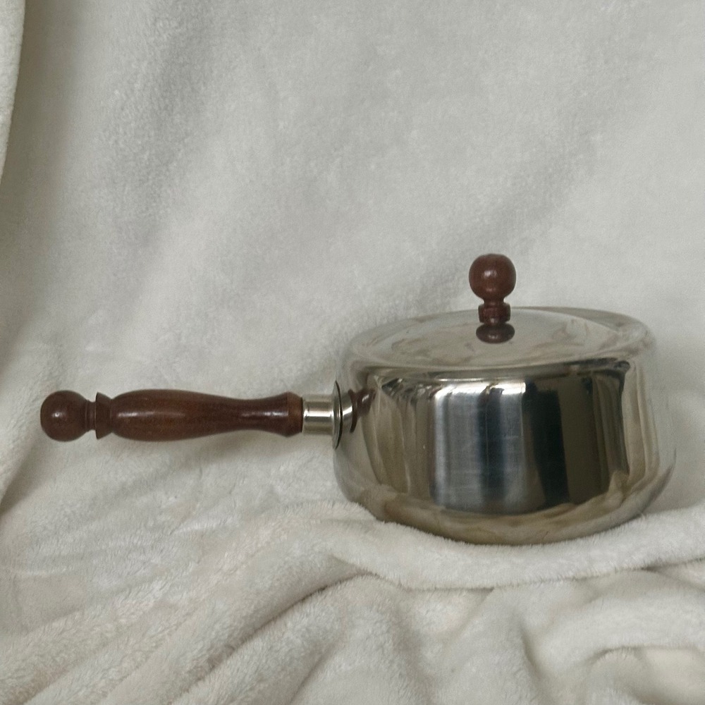 Vintage Mid Century Stainless Steel‎ Fondue Sauce Pot Wood Handle Lid